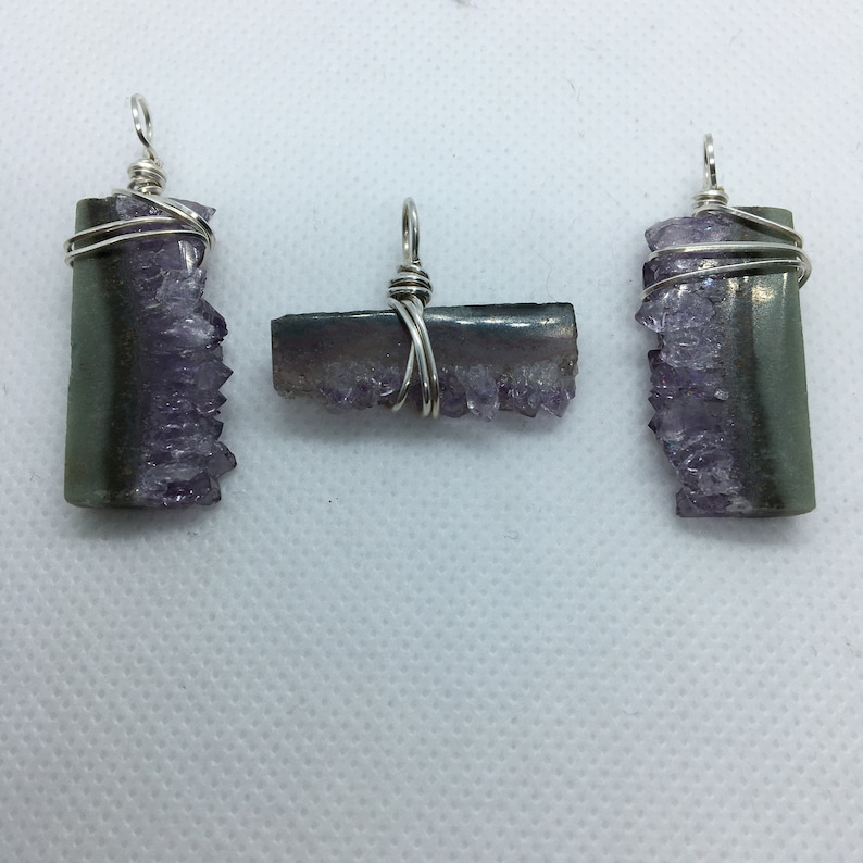 wire wrapped amethyst pendent wire wrapped amethyst pendent Amethyst stalactite slice necklace amethyst jewelry sterling silver pendent