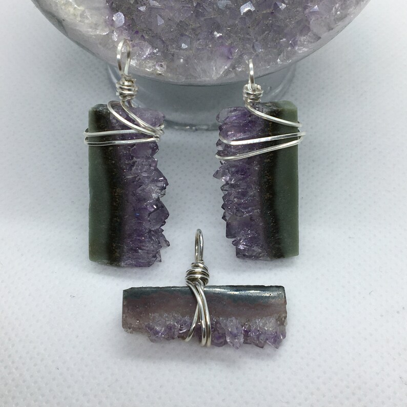 wire wrapped amethyst pendent wire wrapped amethyst pendent Amethyst stalactite slice necklace amethyst jewelry sterling silver pendent