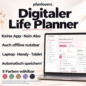 Digitaler Planer Deutsch – Life Planner für den Browser, Kalender, Budgetplaner, Habit Tracker & Journal, 5 Farbthemen