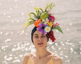 Chapeau noir Carmen Miranda fruits Chapeau turban fruits tropicaux tutti fruité