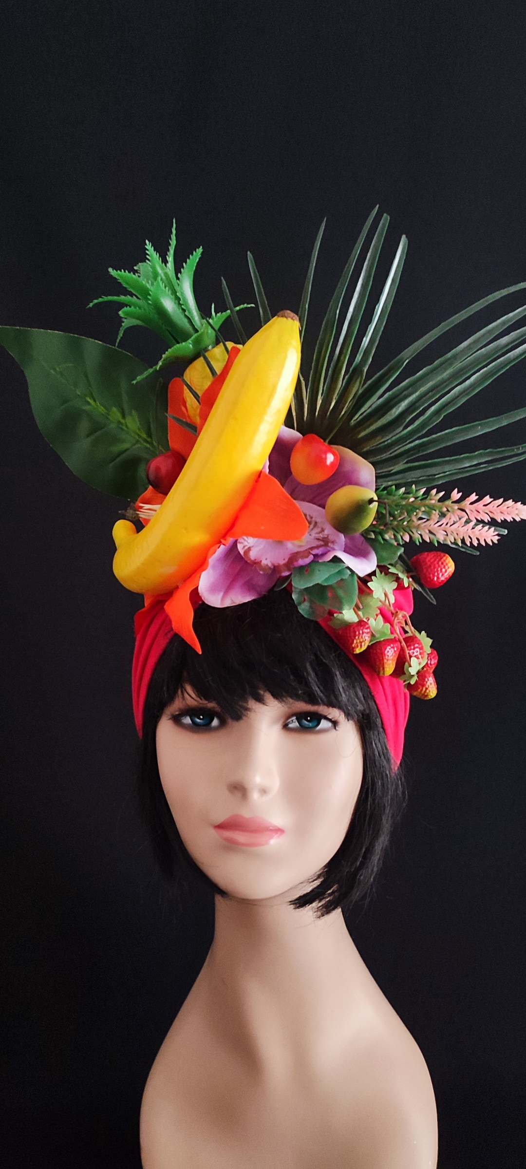 Magenta Pink Carmen Miranda Fruit Hat Tropical Fruits Turban Tutti