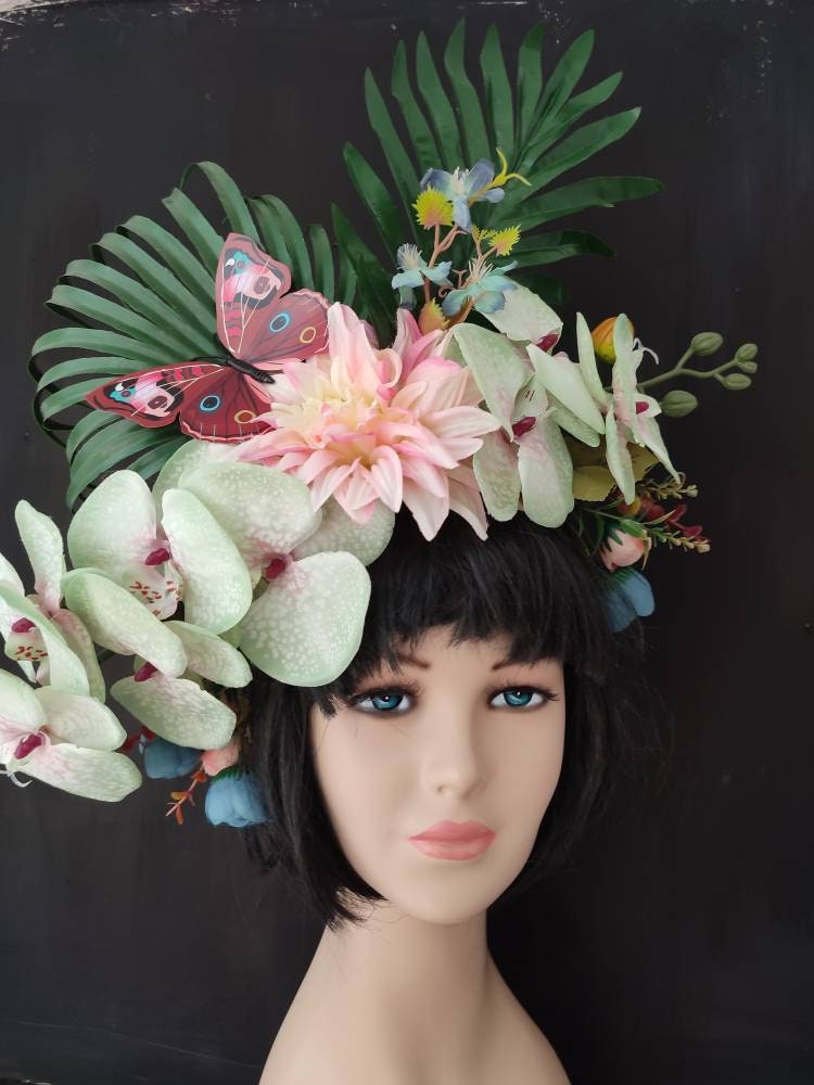 Tropical headdress with orchids Hawaiian flower crown Large | Etsy