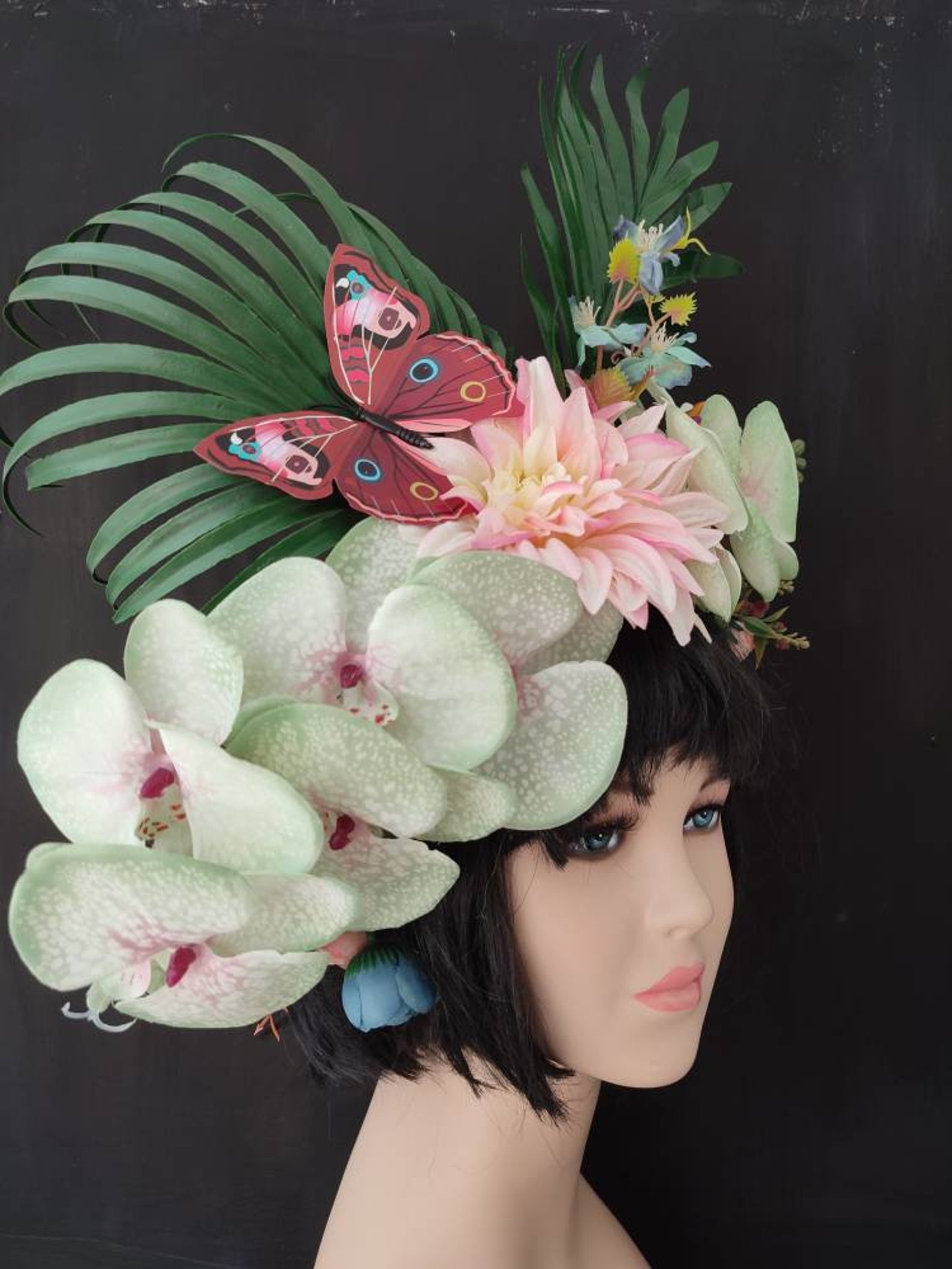 Tropical Headdress With Orchids Hawaiian Flower Crown Large Etsy