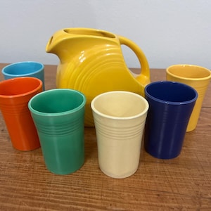 Fiesta Vintage Small Juice Pitcher and Tumbler Set Fiestaware 1940 Promotional Set of 6 Tumblers with Juice Pitcher