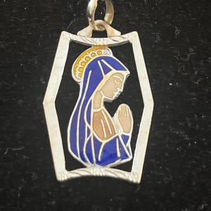Vintage 18k White Gold and Enamel Miraculous Pendant Madonna Religious Italian Medal Pendant Virgin Mother Mary Praying Hand Italian Jewelry