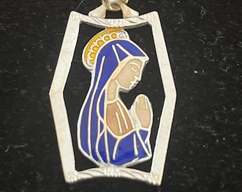 Vintage 18k White Gold and Enamel Miraculous Pendant Madonna Italian Jewelry Virgin Mother Mary