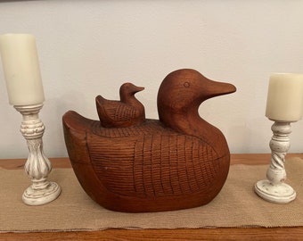 Folk Art Hand Carved Wood Duck with Secret Compartment Cabin Decor Rustic Wood Farmhouse