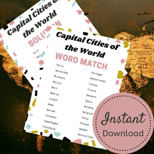 Capital Cities Puzzle, Capital Cities Word Match Printable, Word Match Adults & Seniors, Puzzle imprimable, Puzzle numérique, Téléchargement immédiat
