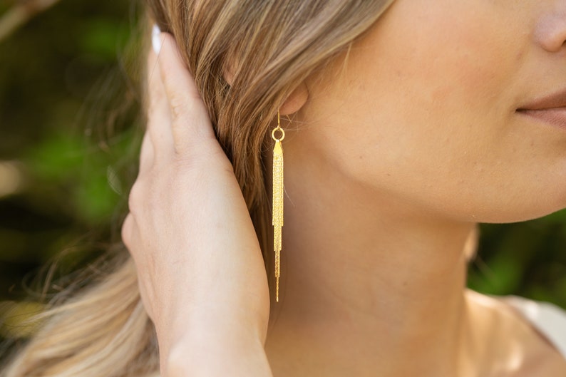 Minimalist Tassel Earrings Sterling Silver Gold Dangly Fringe Earrings Gold