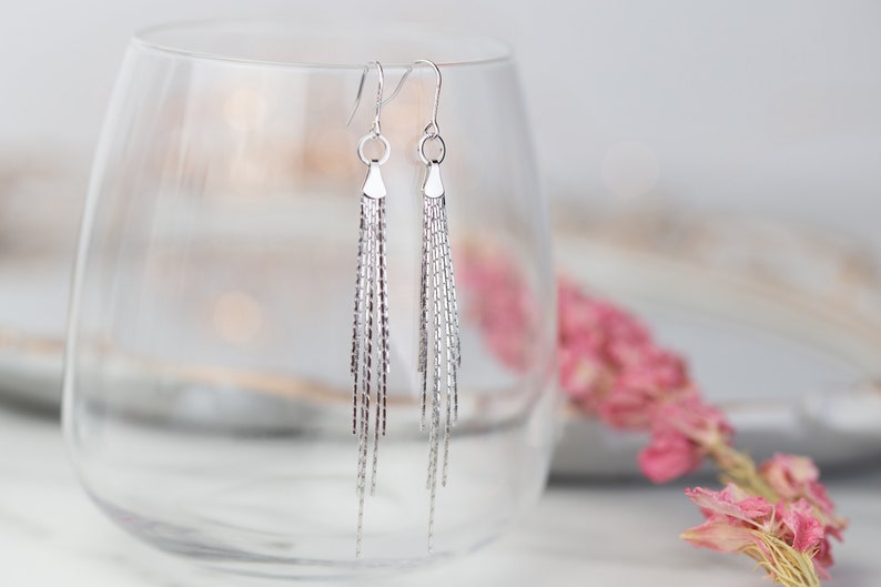 Minimalist Tassel Earrings Sterling Silver Gold Dangly Fringe Earrings image 6