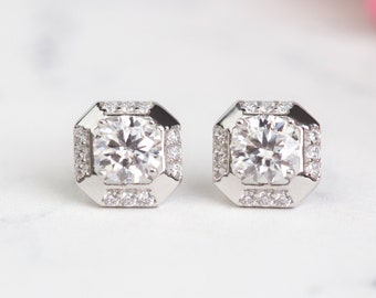 CZ Square Stud Sterling Silver Earrings |  Diamond Studs | Sterling Silver Stud Earrings