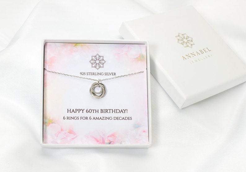60th birthday necklace gift for her 6 rings for 6 decades Personalised 60th gift idea for mum imagem 8