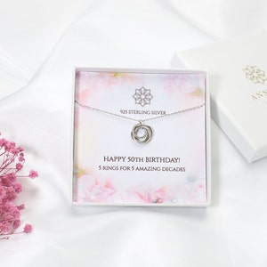 Cadeau collier 50e anniversaire pour elle 5 anneaux pour 5 décennies Idée cadeau personnalisée 50e pour maman, amie, soeur image 10