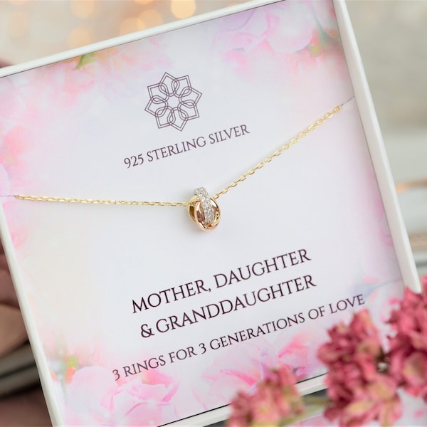 3 rings for 3 generations necklace | mixed metal mother daughter granddaughter| Necklace gift for daughter and granddaughter