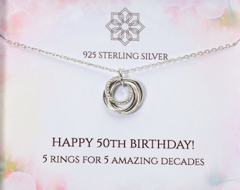 50th birthday necklace gift for her | 5 rings for 5 decades | Personalised 50th gift idea for mum, friend, sister