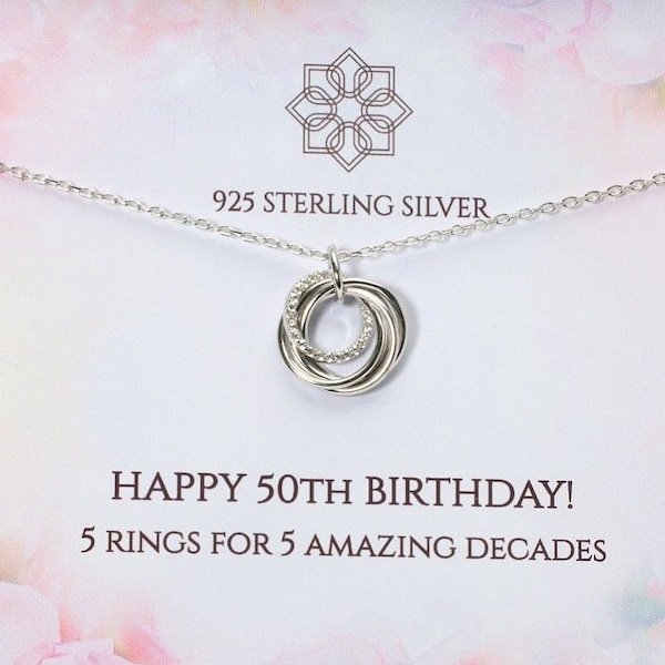 Regalo de collar de cumpleaños número 50 para ella / 5 anillos durante 5 décadas / Idea de regalo personalizada número 50 para mamá, amiga, hermana