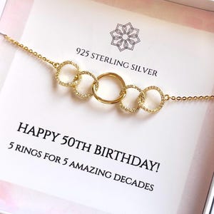 50th Birthday Bracelet | Sterling Silver | 5 rings for 5 decades | 50th birthday gift idea for her
