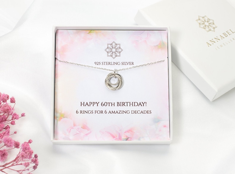 60th birthday necklace gift for her 6 rings for 6 decades Personalised 60th gift idea for mum imagem 2