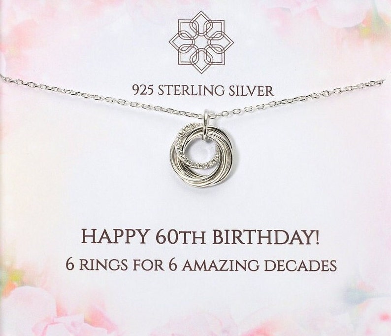 60th birthday necklace gift for her 6 rings for 6 decades Personalised 60th gift idea for mum imagem 1