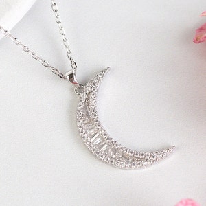 CZ Moon necklace Sterling Silver | Sparkly Crystal Crescent Moon Pendant  | Christmas Gift for Her