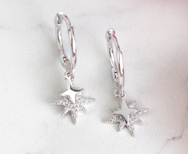 Starburst Huggie Hoop Earrings 925 Sterling Silver Starburst Hoops image 1