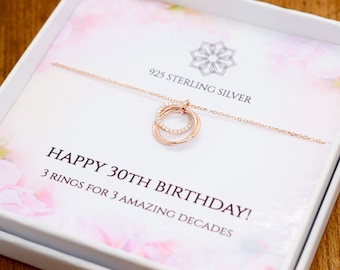 30th birthday gift idea | Rose gold  3 rings for 3 decades necklace | Personalized 30th birthday gift