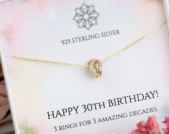 30th birthday gift idea for her | 3 mixed metal rings for 3 decades | three decades pendant | Personalised 30th gift for friend