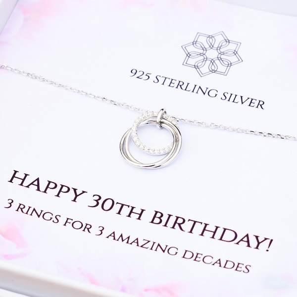 30. Geburtstag Halskette Geschenk für sie | 3 Ringe für 3 Jahrzehnte | |drei Jahrzehnte Anhänger | Personalisierte 30. Geschenkidee für Tochter bester Freund