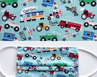 Beep Beep | Cars & Train Boy’s Face Mask with Nose Wire and Adjustable Elastic Straps | Optional Filter Pocket | 2 or 3 layers cotton