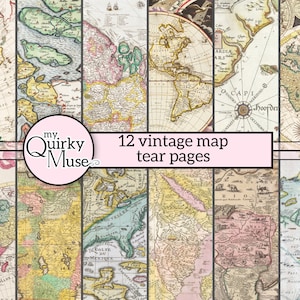 Vintage Map Tear Seiten für Ihre Junk Journals, alte Handschrift, Ephemera Pack, Reise Buchcover, Wanderlust Sammelalbum, Collage Scraps
