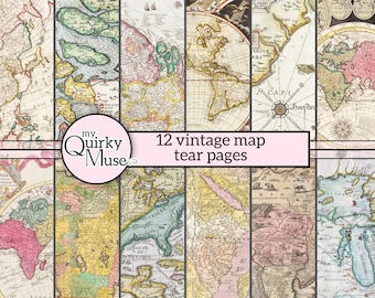 May include: Twelve vintage map tear pages, each featuring a different region of the world. The maps are in various shades of brown, green, blue, and pink, with intricate details and handwritten text. The maps are arranged in a collage format, with the text "my Quirky Muse" and "12 vintage map tear pages" at the bottom.