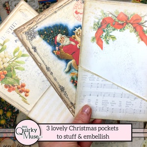 May include: Three vintage-style Christmas card pockets with a white background and various holiday images, including a Santa Claus, a holly sprig, and a red ribbon. The text "3 lovely Christmas pockets to stuff & embellish" is printed on a pink banner.