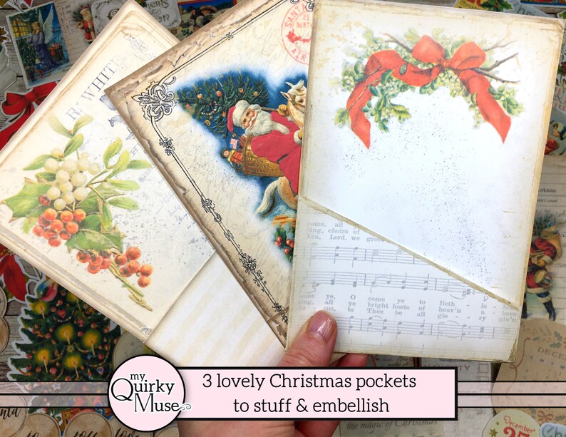 May include: Three vintage-style Christmas card pockets with a white background and various holiday images, including a Santa Claus, a holly sprig, and a red ribbon. The text "3 lovely Christmas pockets to stuff & embellish" is printed on a pink banner.