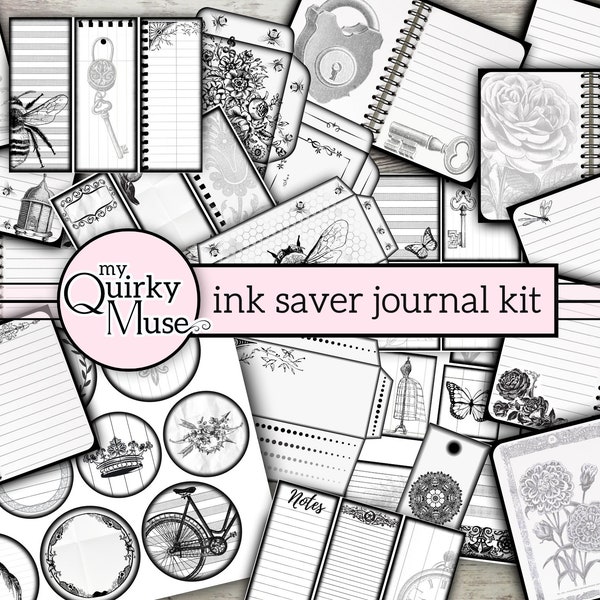 Black and White Ink Saver Junk Journal Kit, Faux Postage Stamps, Inked Edge Envelopes, Digital Note Card, Notebook Download, Printable Paper