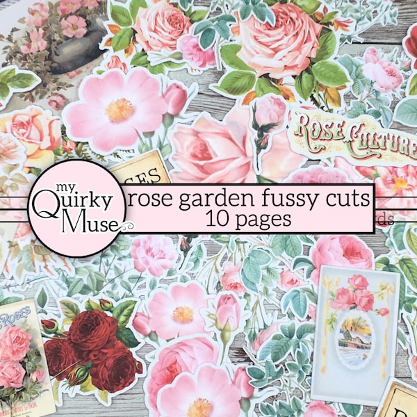 Rose Garden Fussy Cuts, Ephemera Pack, Junk Journal Tags, Cricut Ready, Sticker Sheet, Floral Art Book, Digital Download, Victorian Scraps