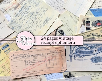 Może przedstawiać: Kolekcja 24 zabytkowych paragonów i efemeryd, w tym paragon z Baltimore and Ohio Railroad Co. i paragon z C&E Walker Wholesale Butter Merchants. Paragony są w różnych kolorach, w tym żółtym, niebieskim i białym. Tekst na paragonach jest czarnym atramentem.