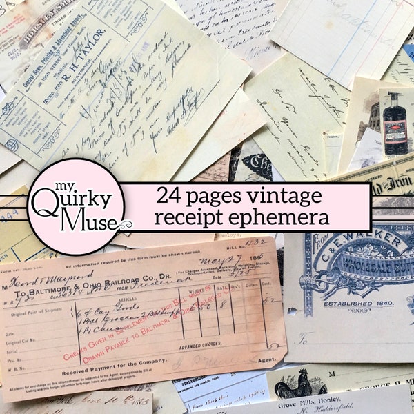 Vintage Receipt Ephemera Pack for your Junk Journals, Master Boards, Collage Paper, Found Objects, Tear Pages, Bill Heads