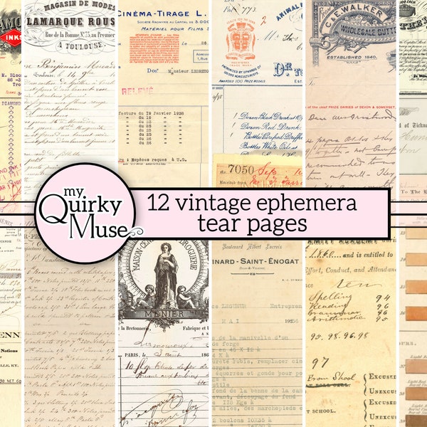 Vintage Ephemera Tear Pages for your Junk Journals, Ledger Sheets, Ephemera Pack, Old Report Card, Scrapbook Covers, Handwritten Receipts