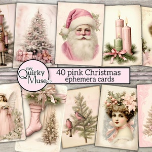 Pink Christmas Ephemera for your Holiday Decorations or Junk Journal, Xmas ATC Cards, Vintage Santa, Printable Card, Cricut Ready