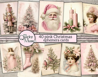 May include: A set of 40 pink Christmas ephemera cards featuring images of a nutcracker, Santa Claus, candles, a Christmas tree, an angel, a stocking, a bird, and a woman with a floral crown. The cards are perfect for scrapbooking, card making, and other crafting projects.