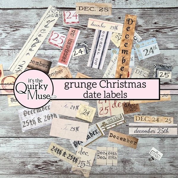 Grunge Christmas Date Labels for Your Junk Journal, Distressed Words, Scrapbook Collage, Bullet Journal, Holiday Gift Tag, Cricut Ready