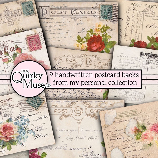 Vintage Handwritten Postcards for Your Junk Journal, Ephemera Cards, Floral Embellishment, Love Letter, Vintage Stamps, Cricut Ready