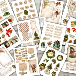 May include: A collection of vintage Christmas digital papers and clipart featuring images of angels, Santa Claus, poinsettias, Christmas trees, and wreaths. The papers are in a variety of colors and patterns, including red, green, white, and gold. The clipart includes images of angels, Santa Claus, poinsettias, Christmas trees, and wreaths. The papers and clipart are perfect for creating Christmas cards, invitations, scrapbook pages, and other festive crafts.