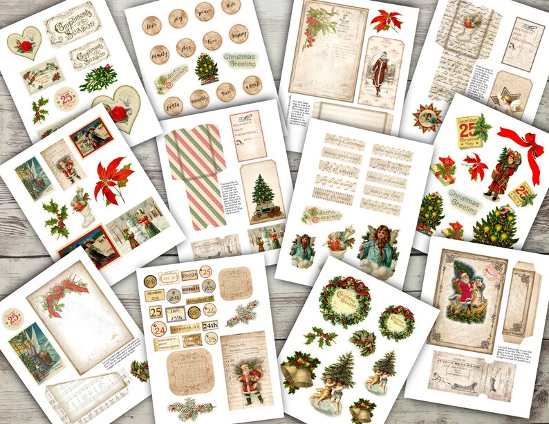 May include: A collection of vintage Christmas digital papers and clipart featuring images of angels, Santa Claus, poinsettias, Christmas trees, and wreaths. The papers are in a variety of colors and patterns, including red, green, white, and gold. The clipart includes images of angels, Santa Claus, poinsettias, Christmas trees, and wreaths. The papers and clipart are perfect for creating Christmas cards, invitations, scrapbook pages, and other festive crafts.