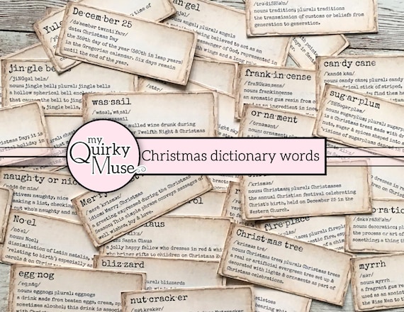 Junk Journal Christmas Dictionary Words, Holiday Definitions, Xmas Gift Tags, Printable Sheet, Sticker Pages, Yuletide Labels, Cricut Ready