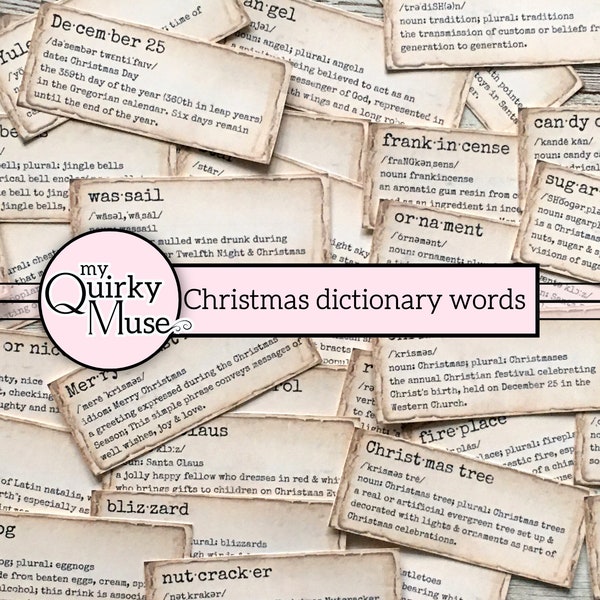 Junk Journal Christmas Dictionary Words, Holiday Definitions, Xmas Gift Tags, Printable Sheet, Sticker Pages, Yuletide Labels, Cricut Ready