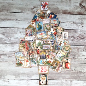 May include: A Christmas tree made of vintage postcards with a red and white "December 25th Christmas" card at the bottom.