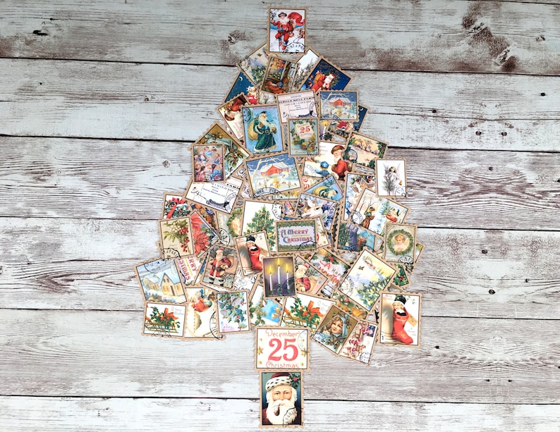 May include: A Christmas tree made of vintage postcards with a red and white "December 25th Christmas" card at the bottom.
