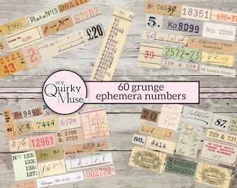 May include: A collection of 60 vintage grunge ephemera numbers, printed on various paper textures, with a variety of fonts and colors. The numbers range from 1 to 999, and include numbers like 20, 87, 12961, 2572-23, 690-37, 76539, 500,000, and 108.