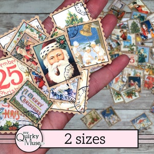 May include: A collection of vintage Christmas stamps in two sizes, featuring images of Santa Claus, a bell, a Christmas tree, and the words "Merry Christmas".